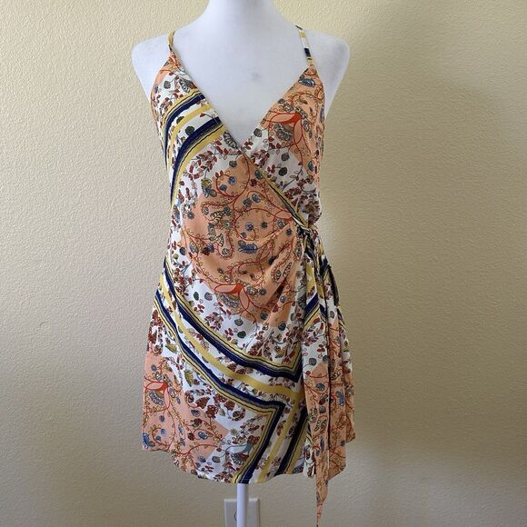 Lulus Sleeveless Wrap Mini Dress Multi Print Yellow/Peach Size XS NWT - Picture 2 of 12